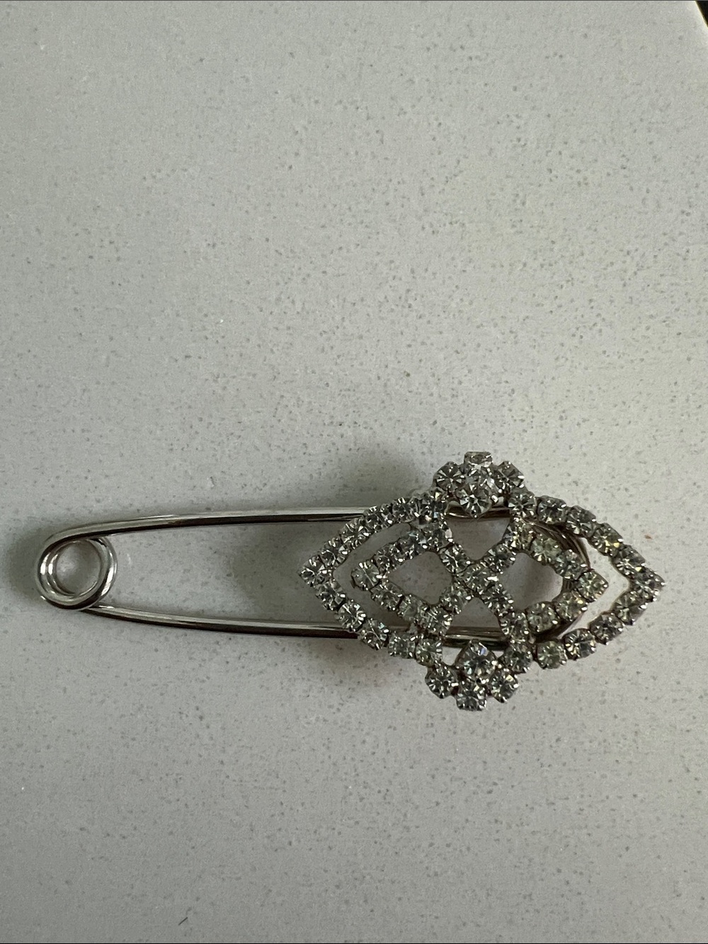 Crystal-Embellished Silver Safety Pin Brooch - Clear Sparkle